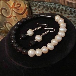 🖤🤍Mexican Handmade Ocean Pearls and Coral Bracelet & Earrings Set🤍🖤